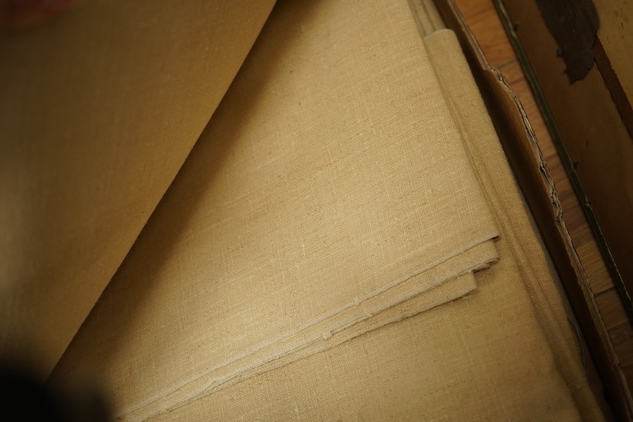 Five lengths of late 19th century / early 20th century French provincial linen approx. 110cm x 640cm. Condition - fair/good